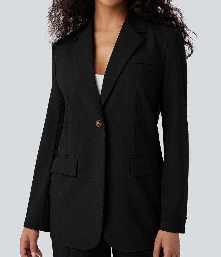 Blazer de lino de oficina de manga larga con cuello con solapas y bolsillos