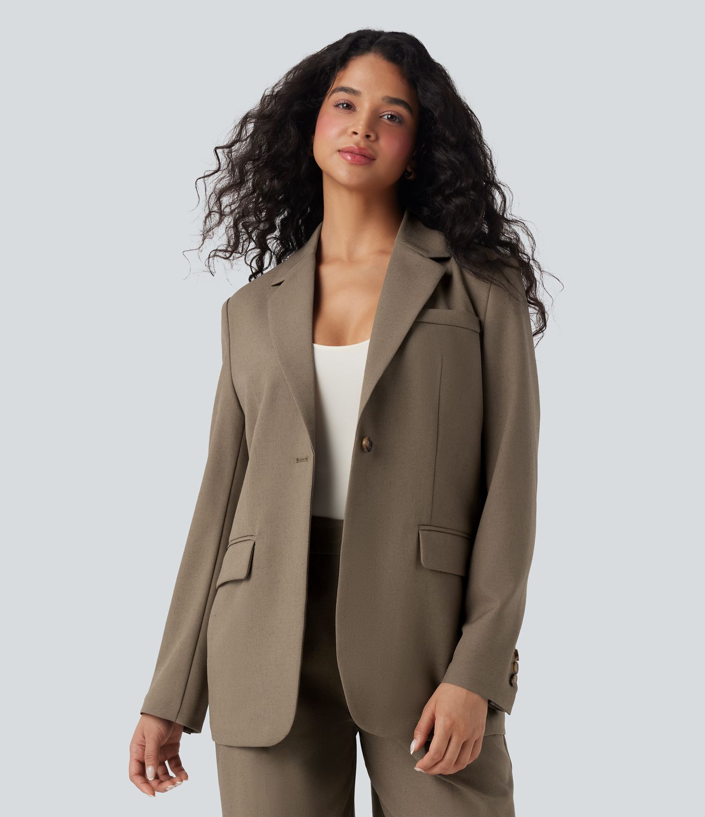 Notched Collar Long Sleeve Work Linen-Blend Blazer with Pockets