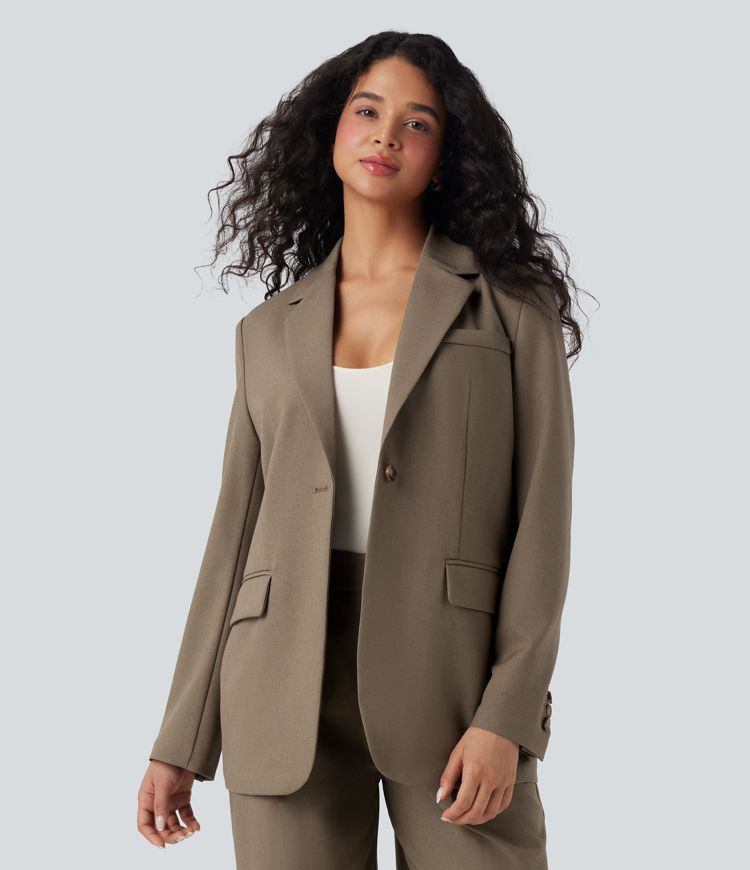 Notched Collar Long Sleeve Work Linen-Blend Blazer with Pockets