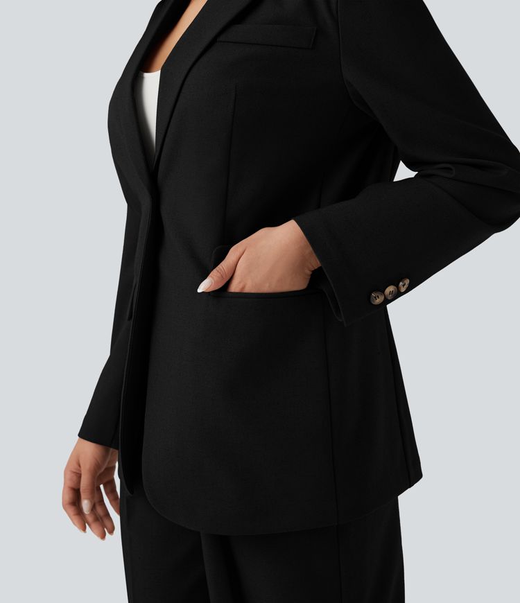 Blazer de lino de oficina de manga larga con cuello con solapas y bolsillos