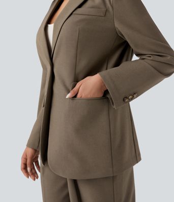 Notched Collar Long Sleeve Work Linen-Blend Blazer with Pockets