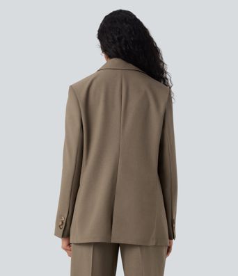 Notched Collar Long Sleeve Work Linen-Blend Blazer with Pockets