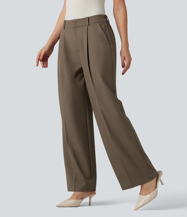 High Waisted Straight Leg Work Linen Pants with Pockets