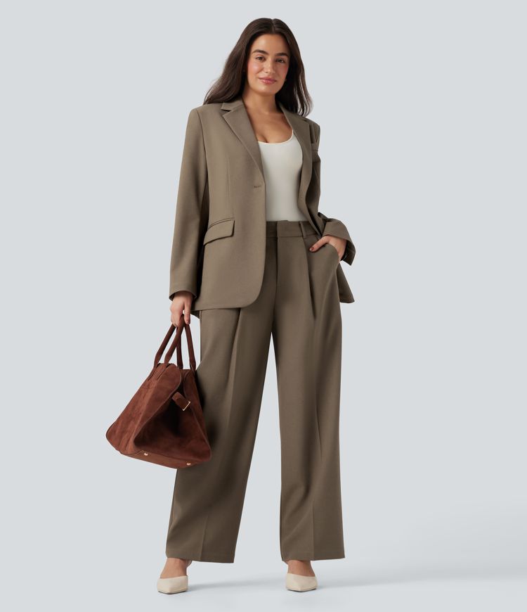 High Waisted Straight Leg Work Linen Pants with Pockets