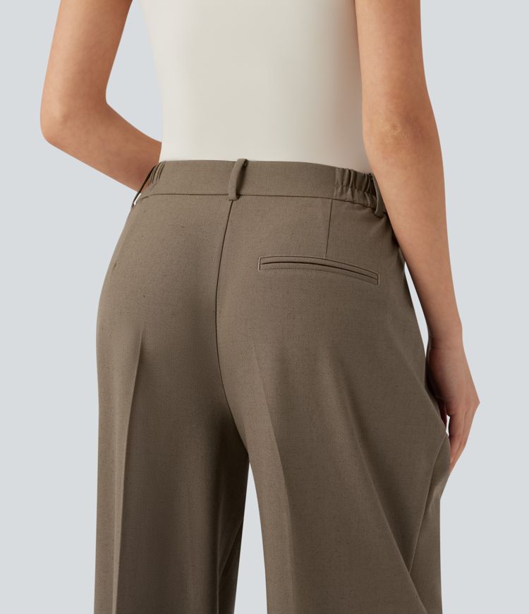 High Waisted Straight Leg Work Linen Pants with Pockets