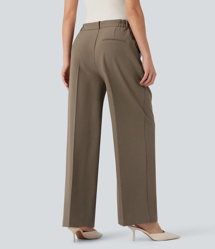 High Waisted Straight Leg Work Linen Pants with Pockets