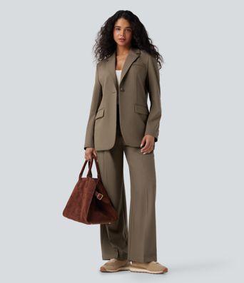 Notched Collar Long Sleeve Work Linen-Blend Blazer with Pockets