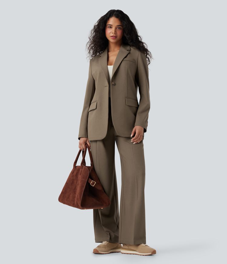 Notched Collar Long Sleeve Work Linen-Blend Blazer with Pockets
