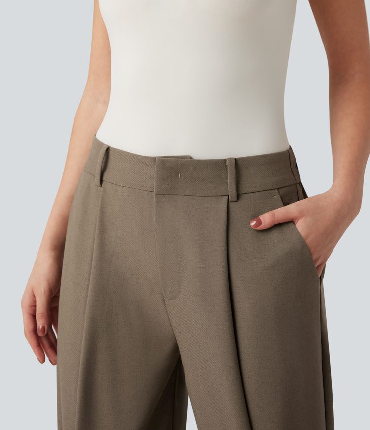 High Waisted Straight Leg Work Linen Pants with Pockets