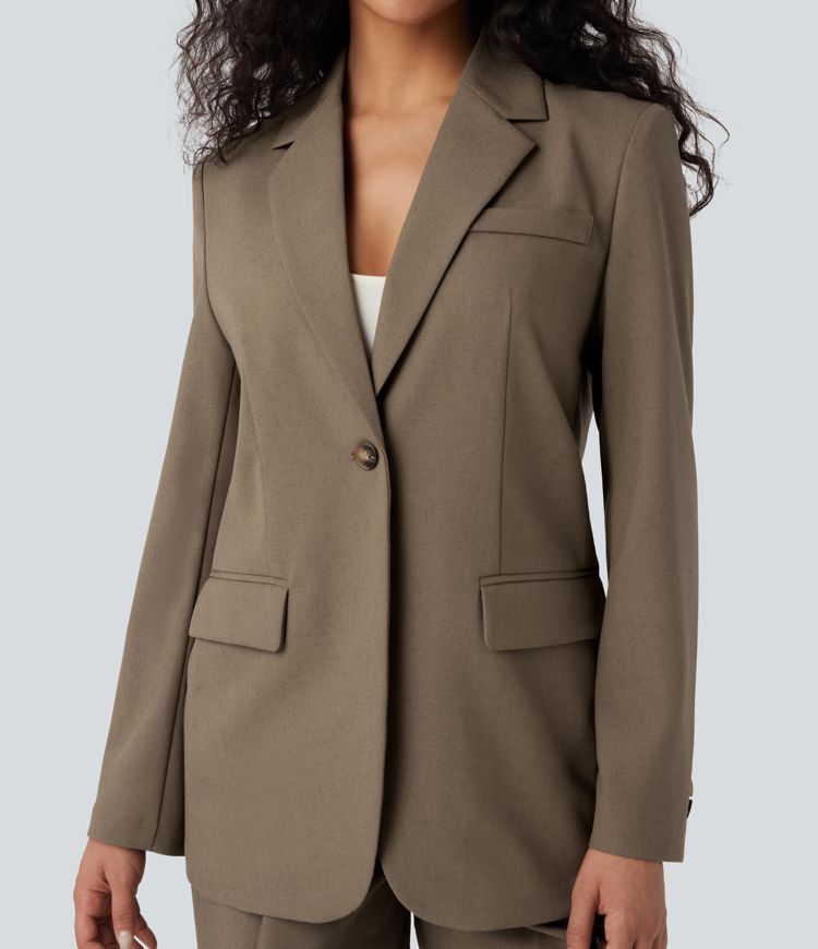 Notched Collar Long Sleeve Work Linen-Blend Blazer with Pockets