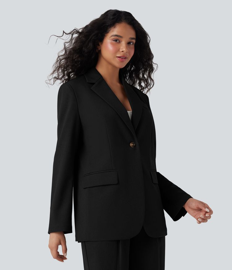 Blazer de lino de oficina de manga larga con cuello con solapas y bolsillos