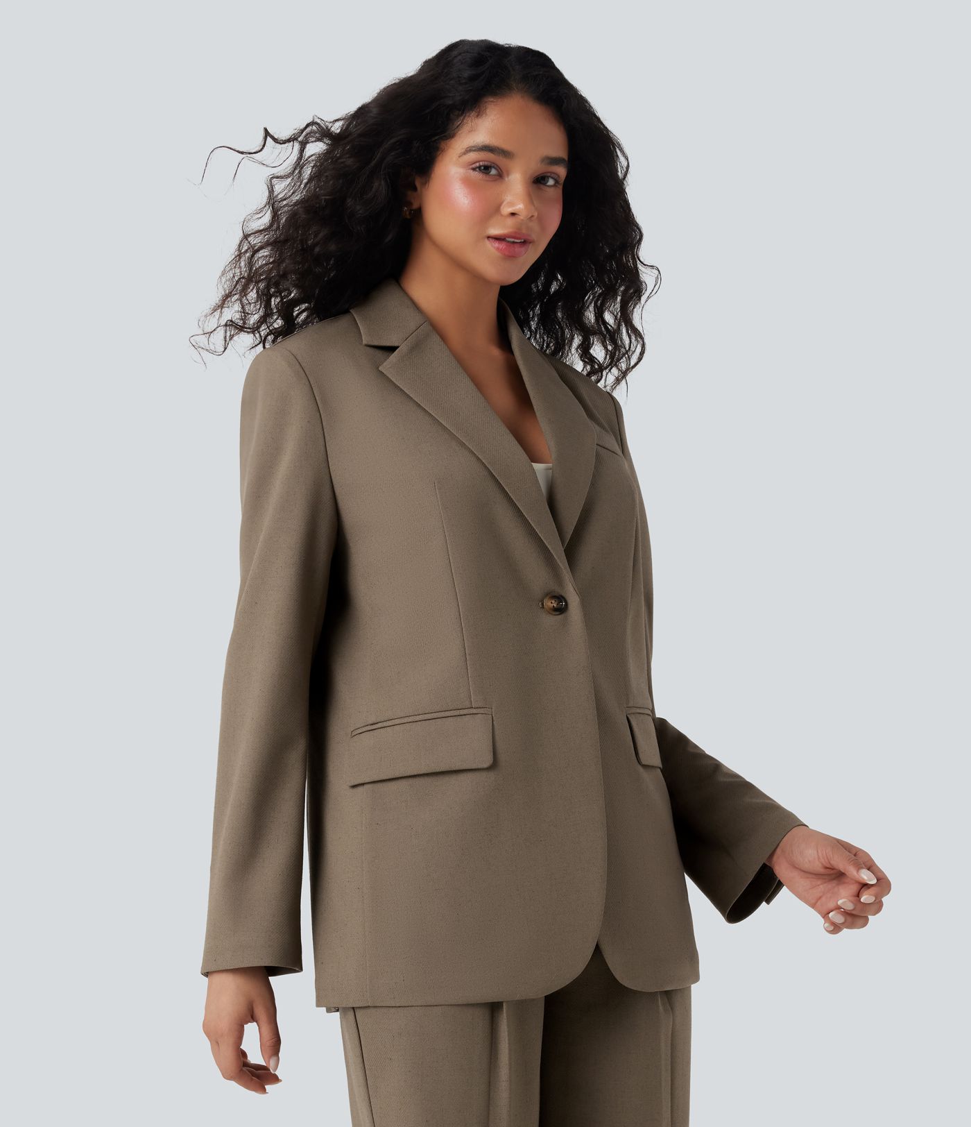 Notched Collar Long Sleeve Work Linen-Blend Blazer with Pockets