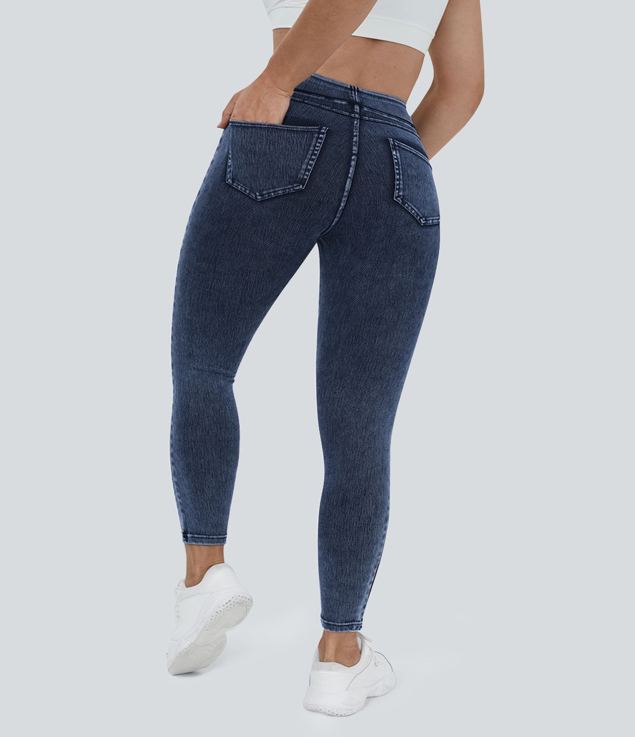 Halara Flex™ Plus Size Jeans Jeggings aus elastischem Strick-Denim mit hohem Bund und Gesäßtaschen