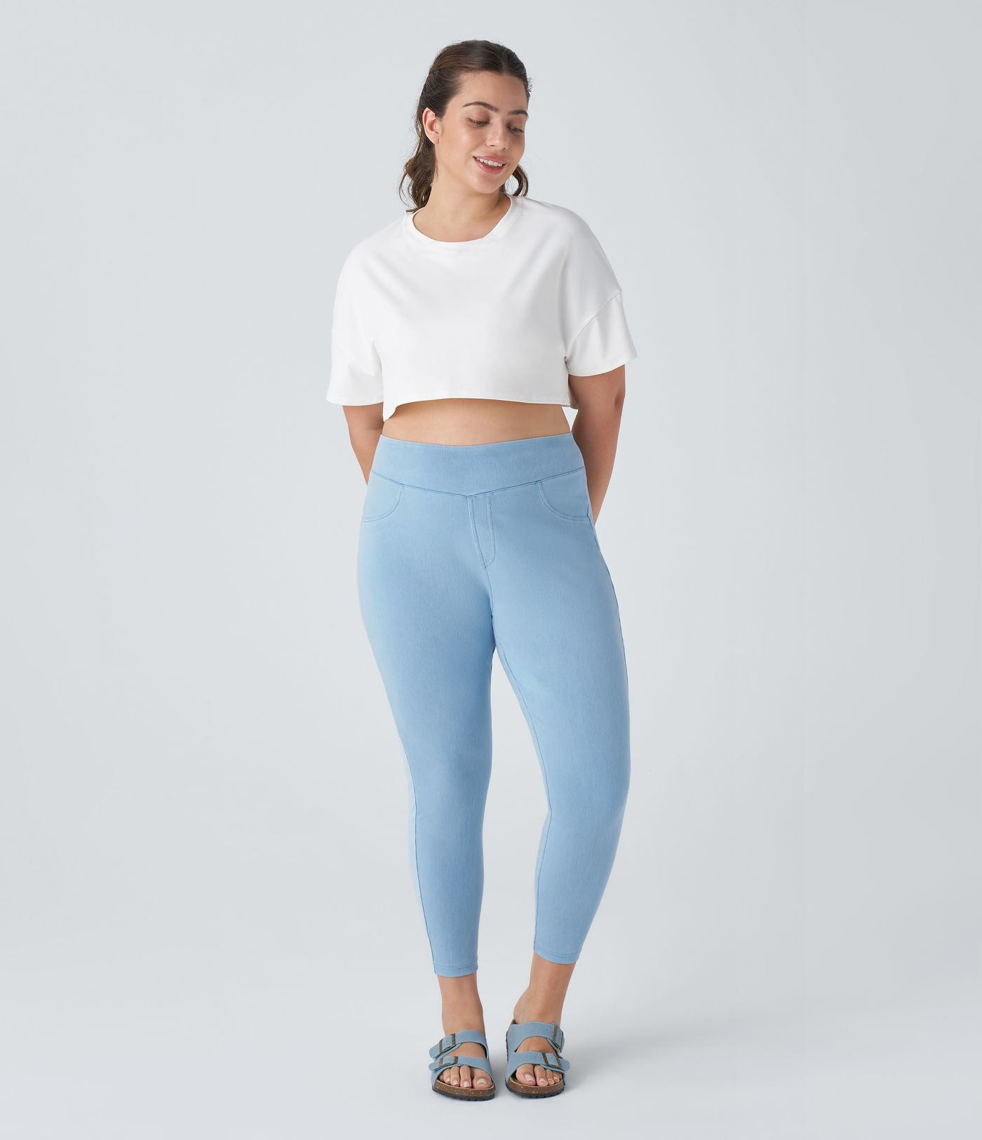 Halara Flex™ Plus Size Jeans Jeggings aus elastischem Strick-Denim mit hohem Bund und Gesäßtaschen