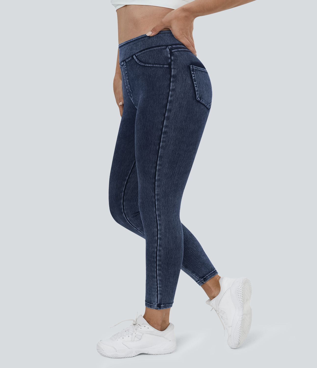 Halara Flex™ Plus Size Jeans Jeggings aus elastischem Strick-Denim mit hohem Bund und Gesäßtaschen