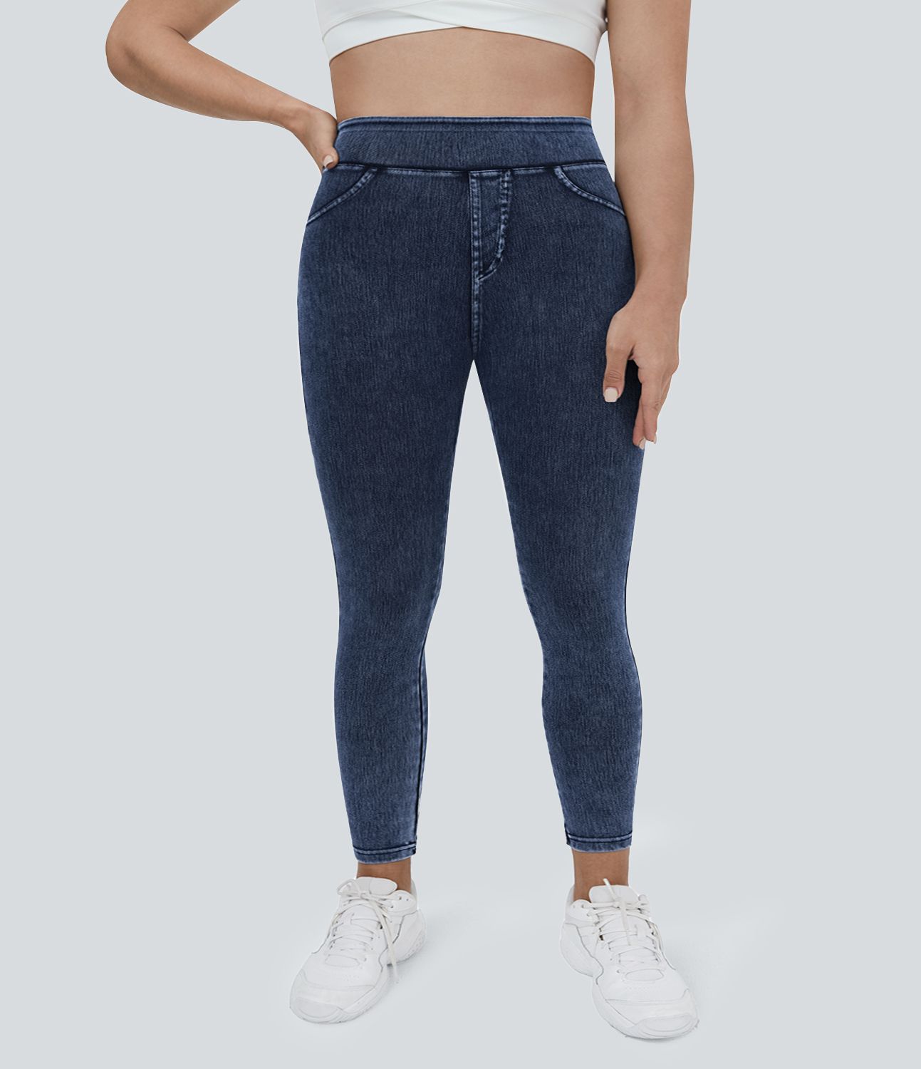 Halara Flex™ Plus Size Jeans Jeggings aus elastischem Strick-Denim mit hohem Bund und Gesäßtaschen