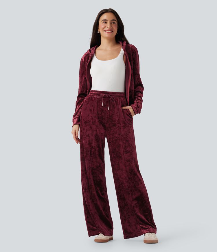Mid Rise Drawstring Velvet Wide Leg Casual Trousers with Pockets
