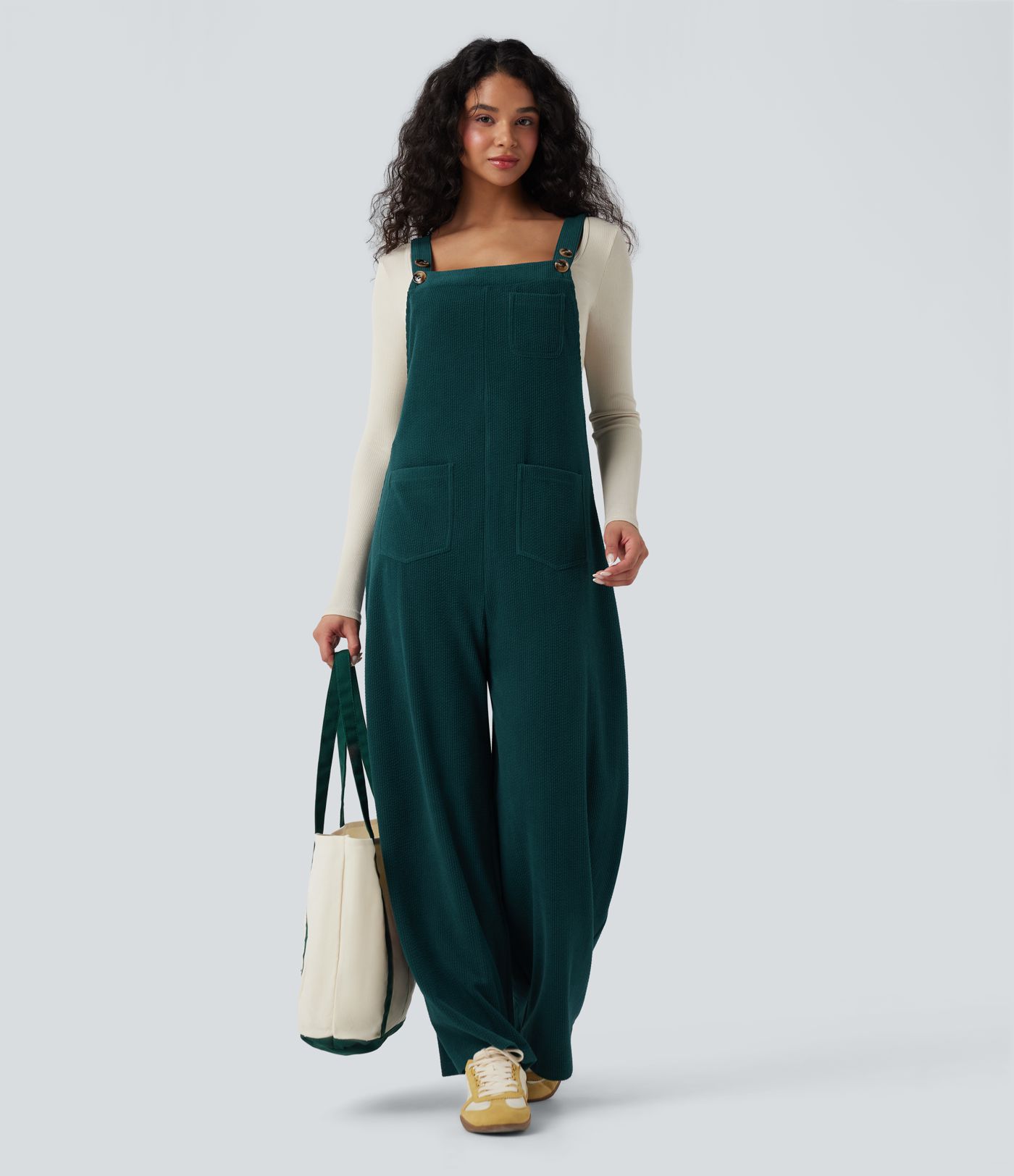 Square Neck Corduroy Casual Overalls with Pockets