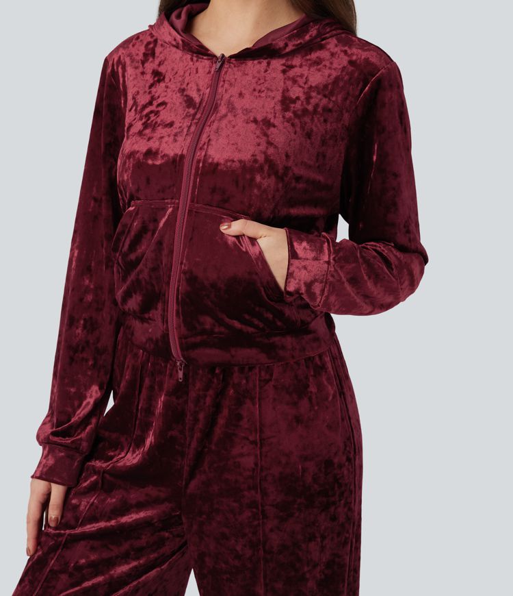 Sweat décontracté en velours à capuche avec fermeture éclair manches longues avec poches