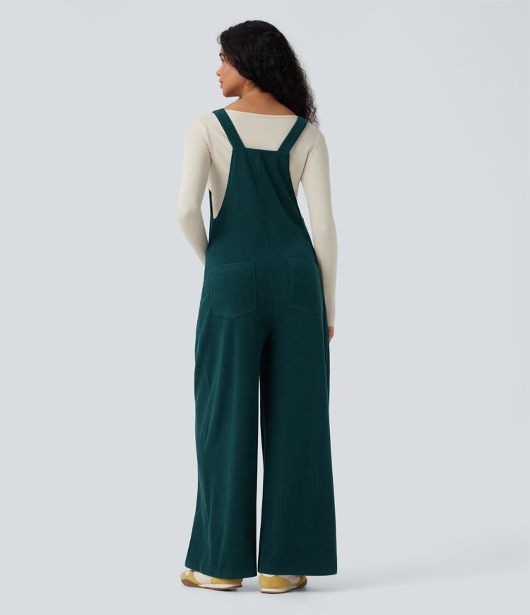Square Neck Corduroy Casual Overalls with Pockets