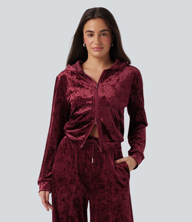 Sweat décontracté en velours à capuche avec fermeture éclair manches longues avec poches