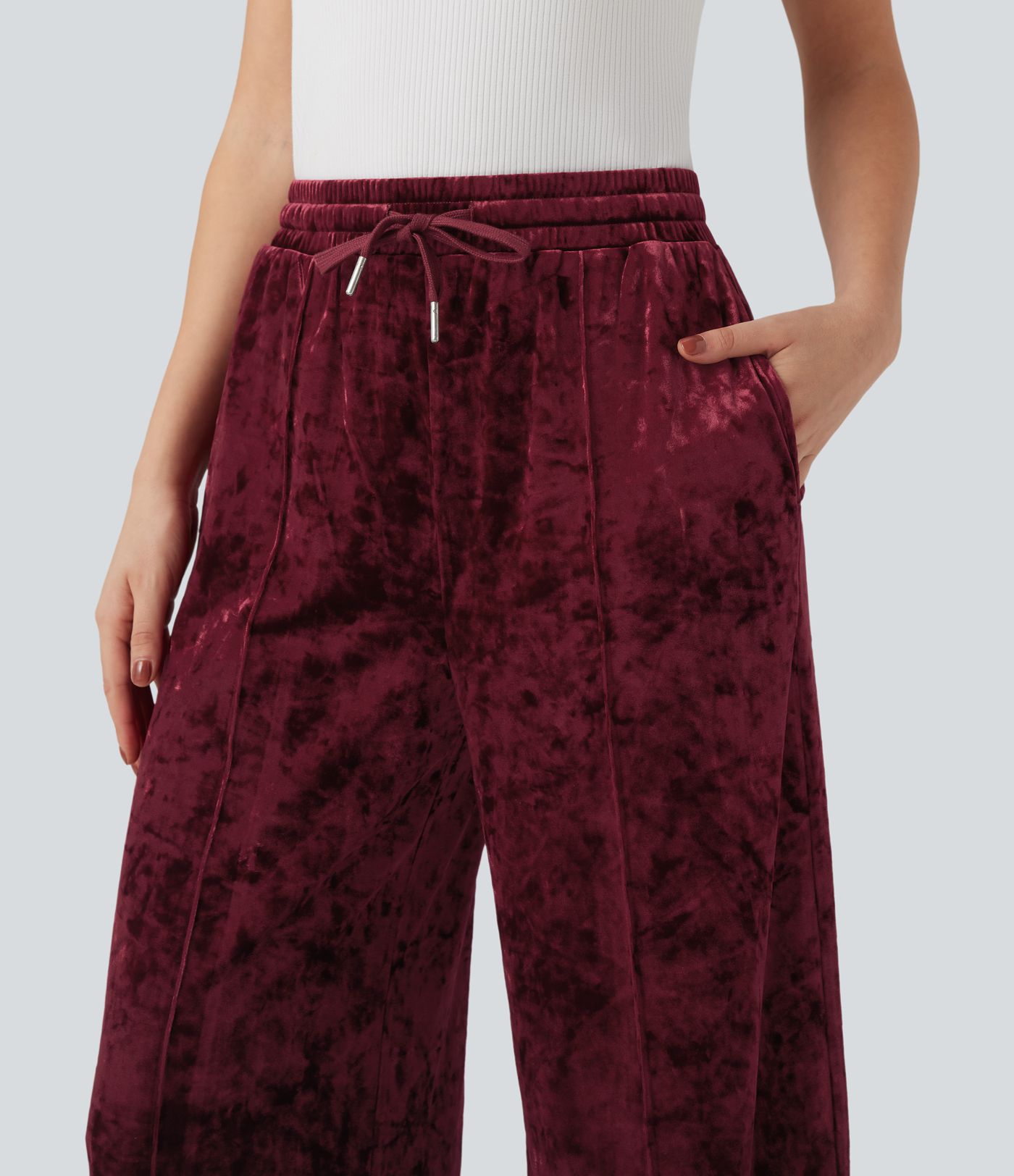 Freizeithose aus Samt mit mittelhohem Bund, Seitentaschen, Kordelzug und weitem Bein