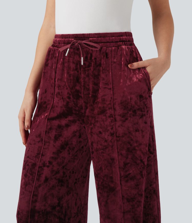 Freizeithose aus Samt mit mittelhohem Bund, Seitentaschen, Kordelzug und weitem Bein