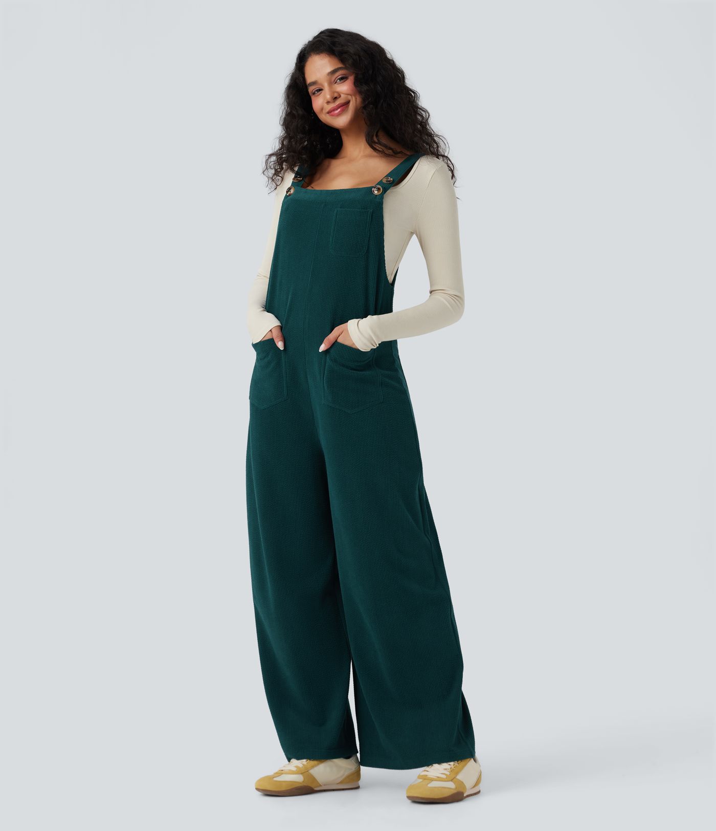 Square Neck Corduroy Casual Overalls with Pockets