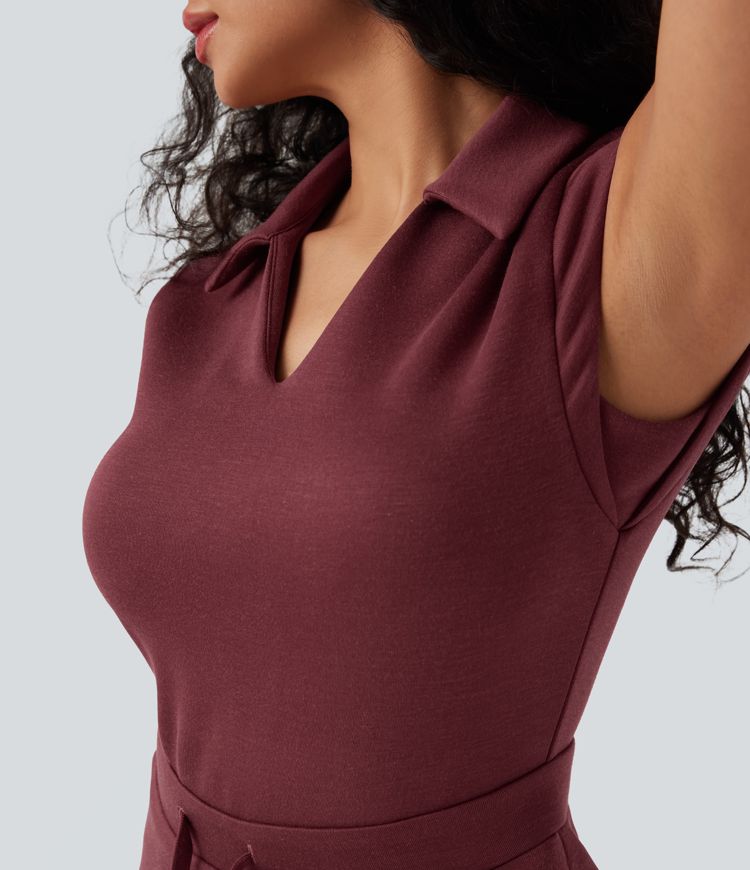 Vestido de tenis 2 en 1 con cuello en V de manga corta con cordón ajustable y bolsillos