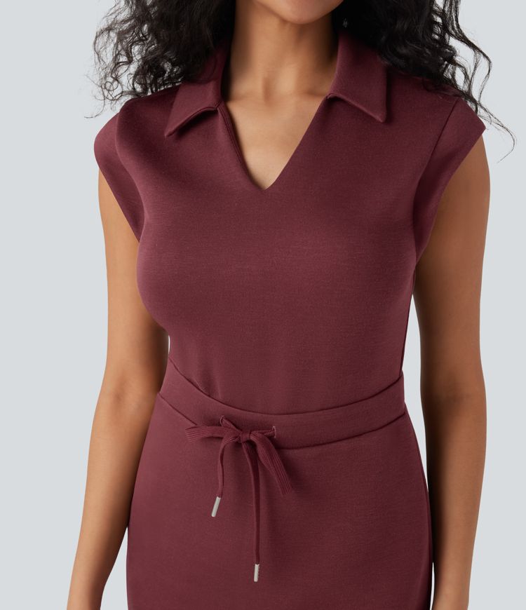 Vestido de tenis 2 en 1 con cuello en V de manga corta con cordón ajustable y bolsillos