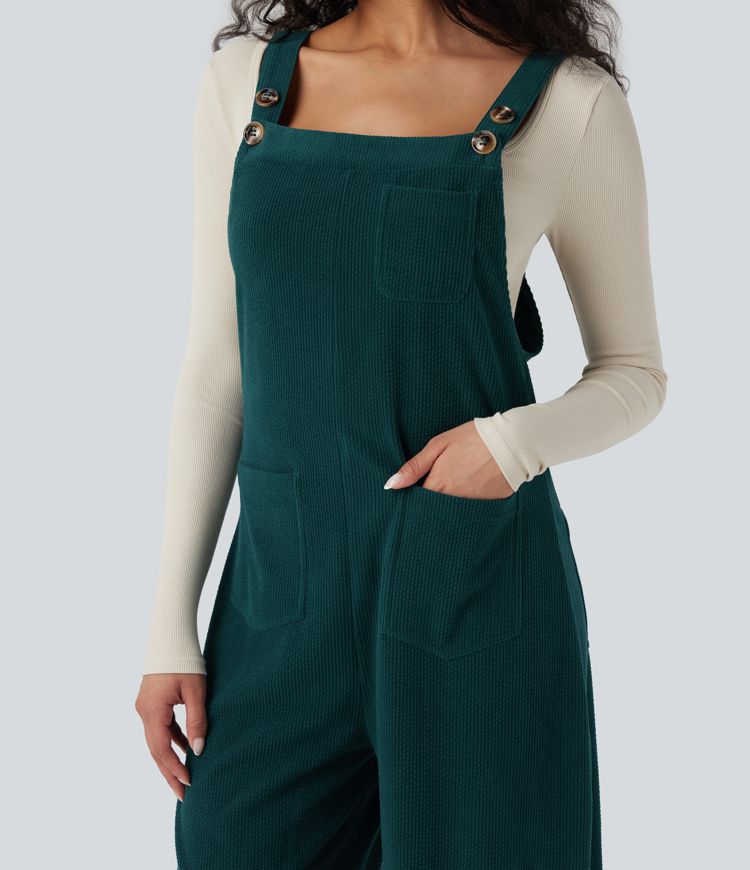 Square Neck Corduroy Casual Overalls with Pockets