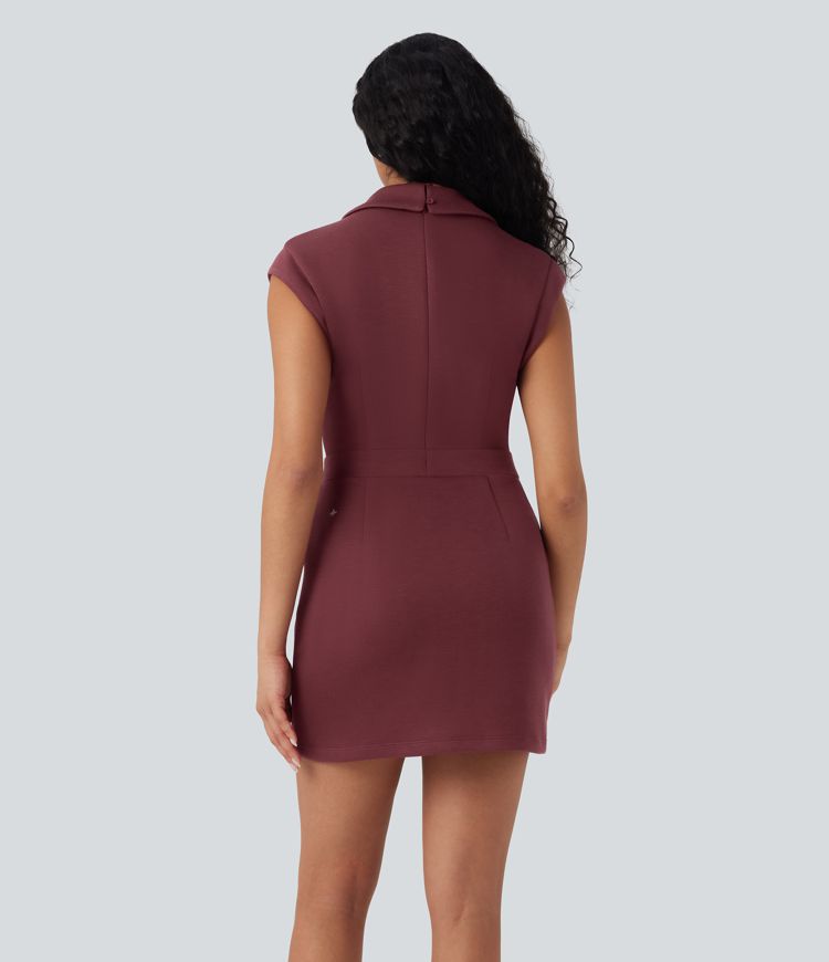 Vestido de tenis 2 en 1 con cuello en V de manga corta con cordón ajustable y bolsillos