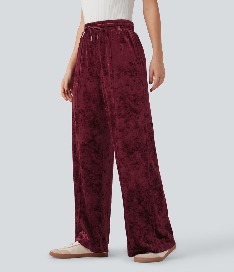 Freizeithose aus Samt mit mittelhohem Bund, Seitentaschen, Kordelzug und weitem Bein