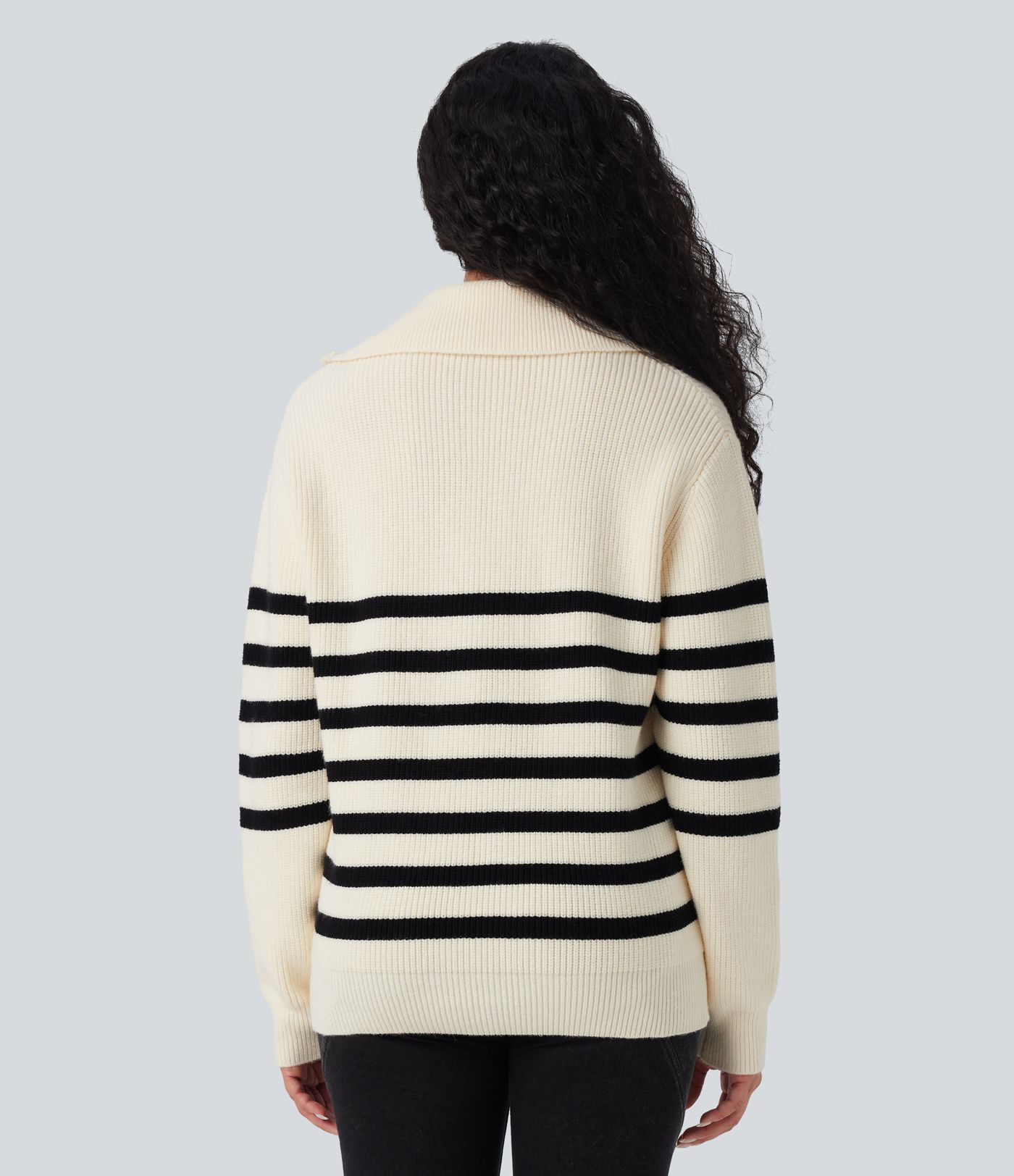 Pull décontracté color block rayé col revers demi-fermeture éclair