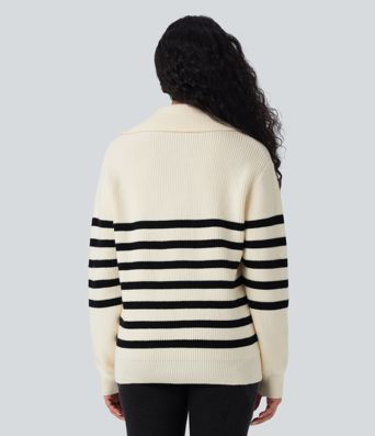 Pull décontracté color block rayé col revers demi-fermeture éclair