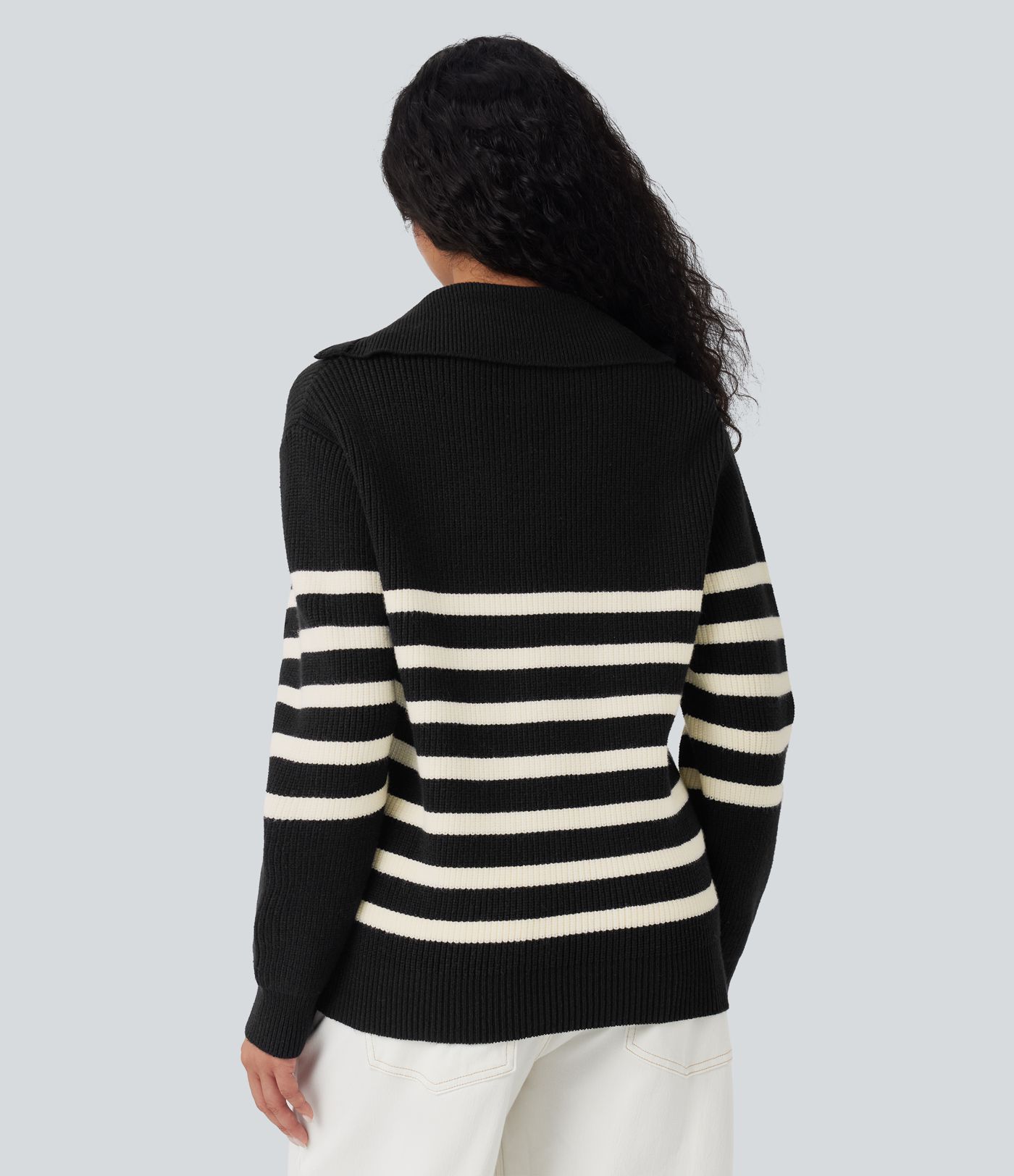 Half Zip Lapel Color Block Striped Casual Sweater