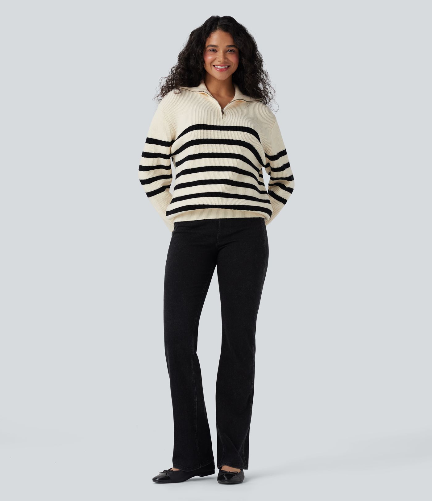 Pull décontracté color block rayé col revers demi-fermeture éclair