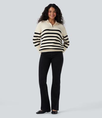 Pull décontracté color block rayé col revers demi-fermeture éclair