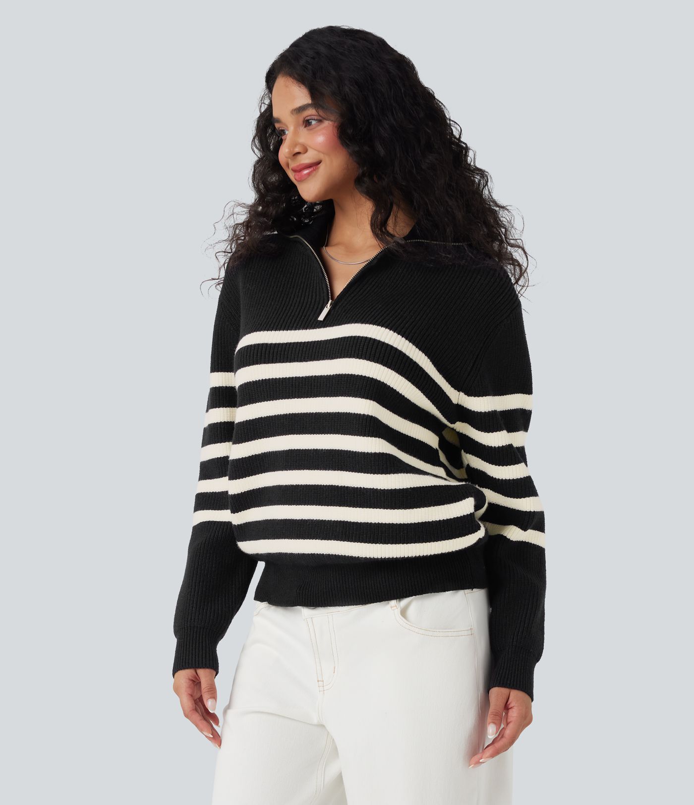 Half Zip Lapel Color Block Striped Casual Sweater