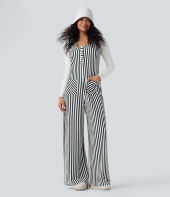 U-Neck Sleeveless Stripe Waffle Casual Jumpsuit with Pockets
