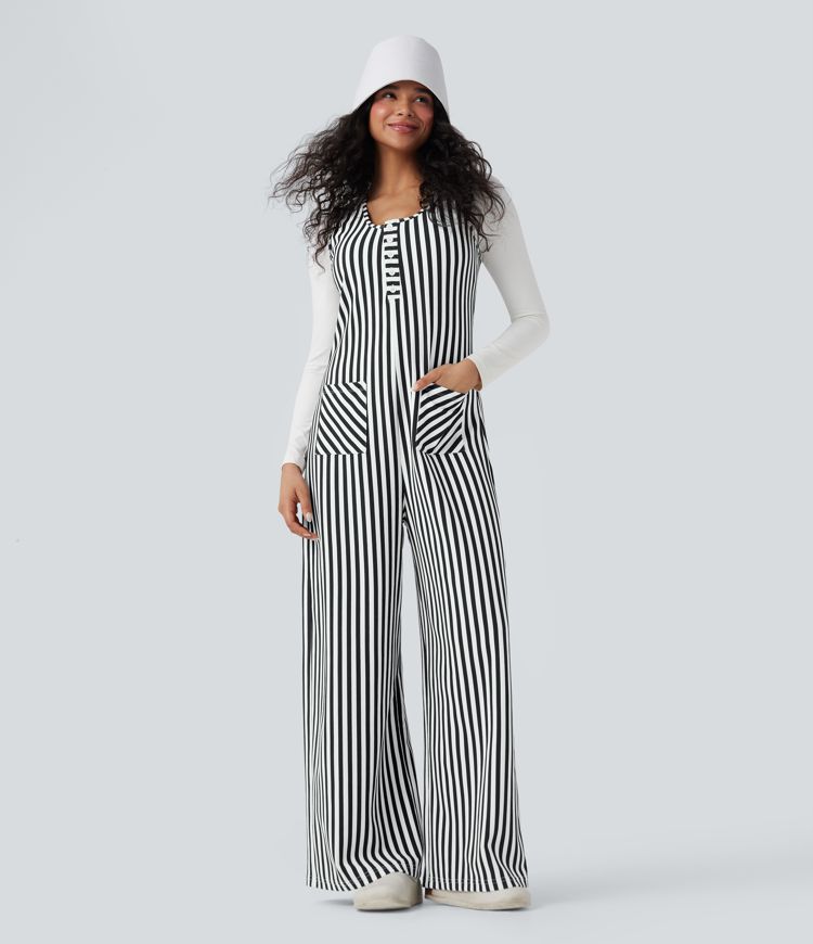 U-Neck Sleeveless Stripe Waffle Casual Jumpsuit with Pockets