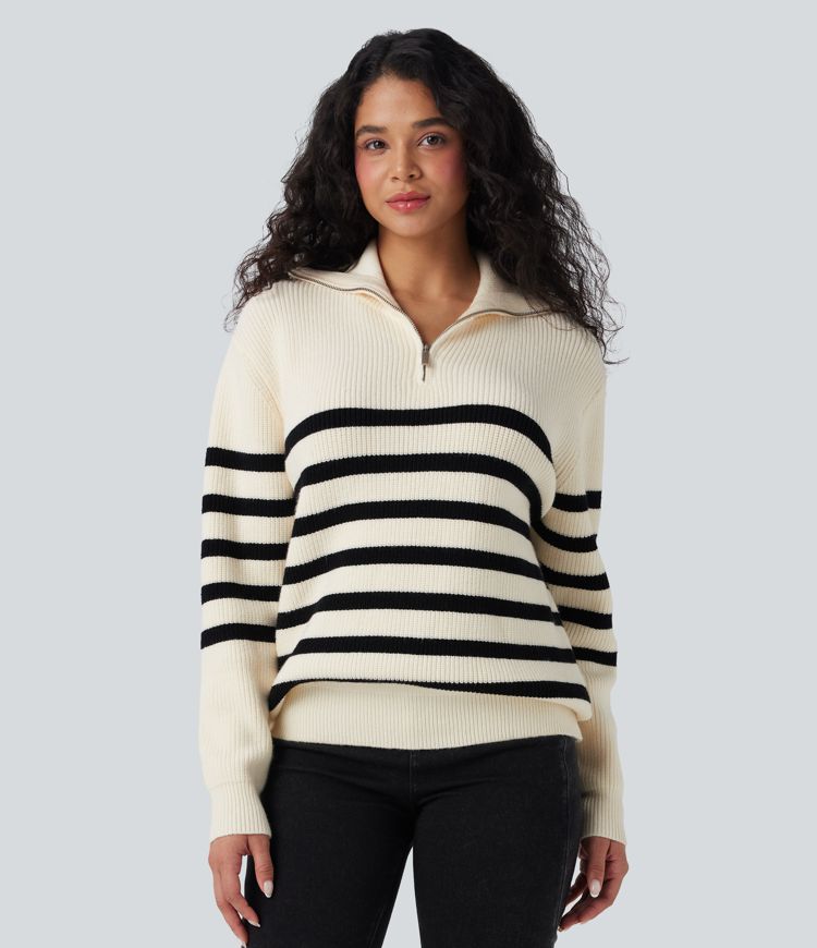 Pull décontracté color block rayé col revers demi-fermeture éclair