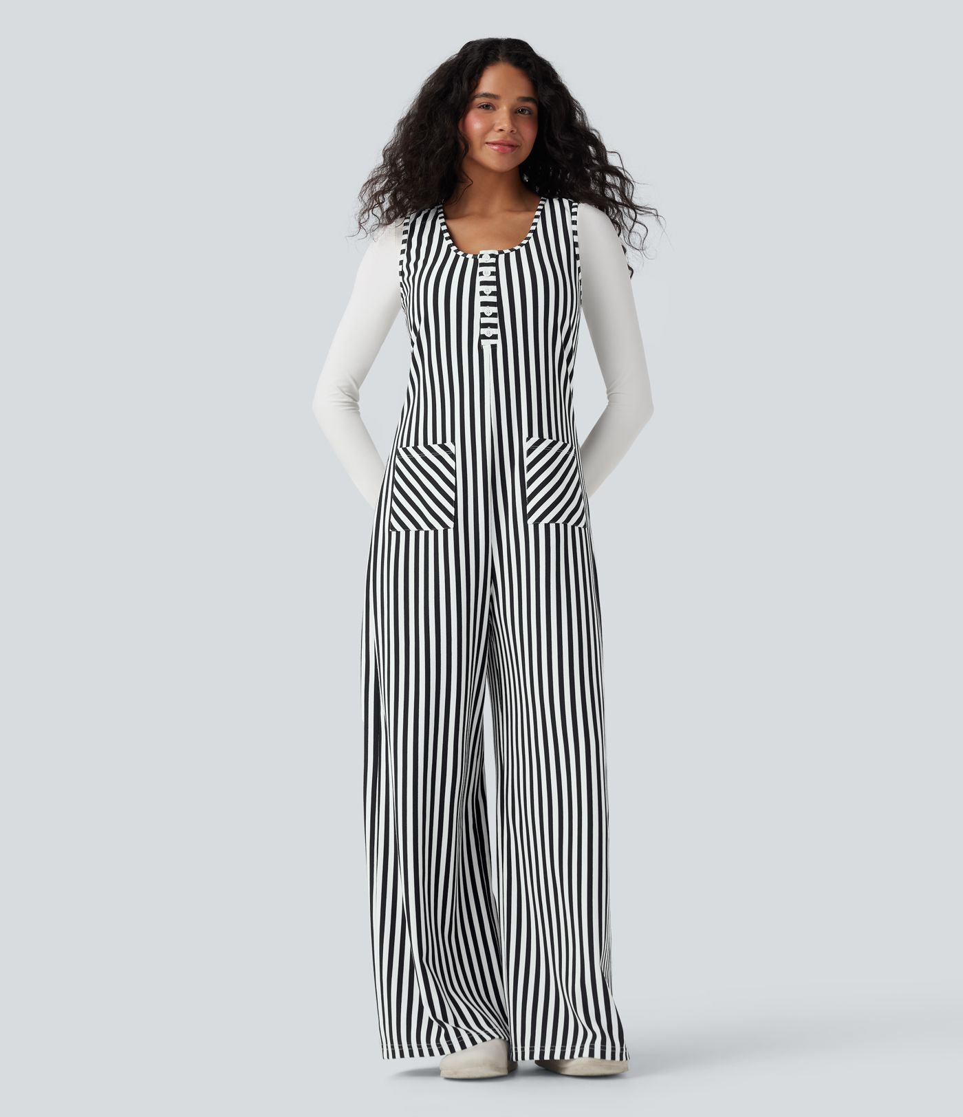 U-Neck Sleeveless Stripe Waffle Casual Jumpsuit with Pockets