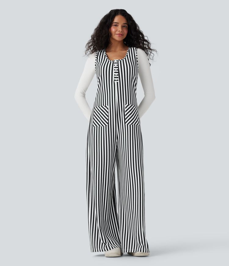 U-Neck Sleeveless Stripe Waffle Casual Jumpsuit with Pockets