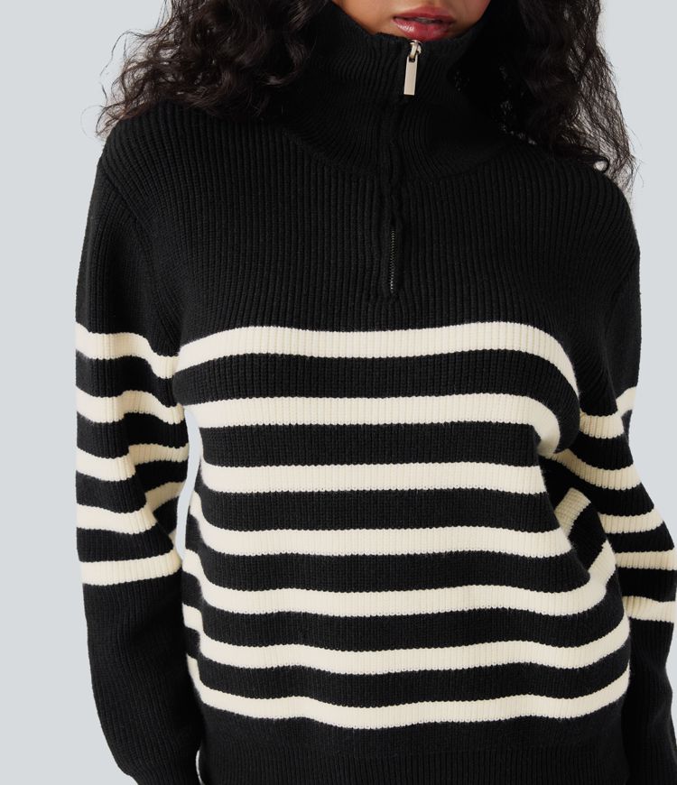 Half Zip Lapel Color Block Striped Casual Sweater