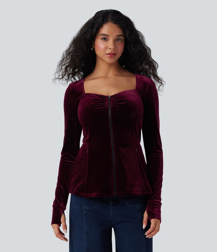 Square Neck Ruched Thumb Holes Zipper Fly Slim Casual Velvet Jacket with Pockets