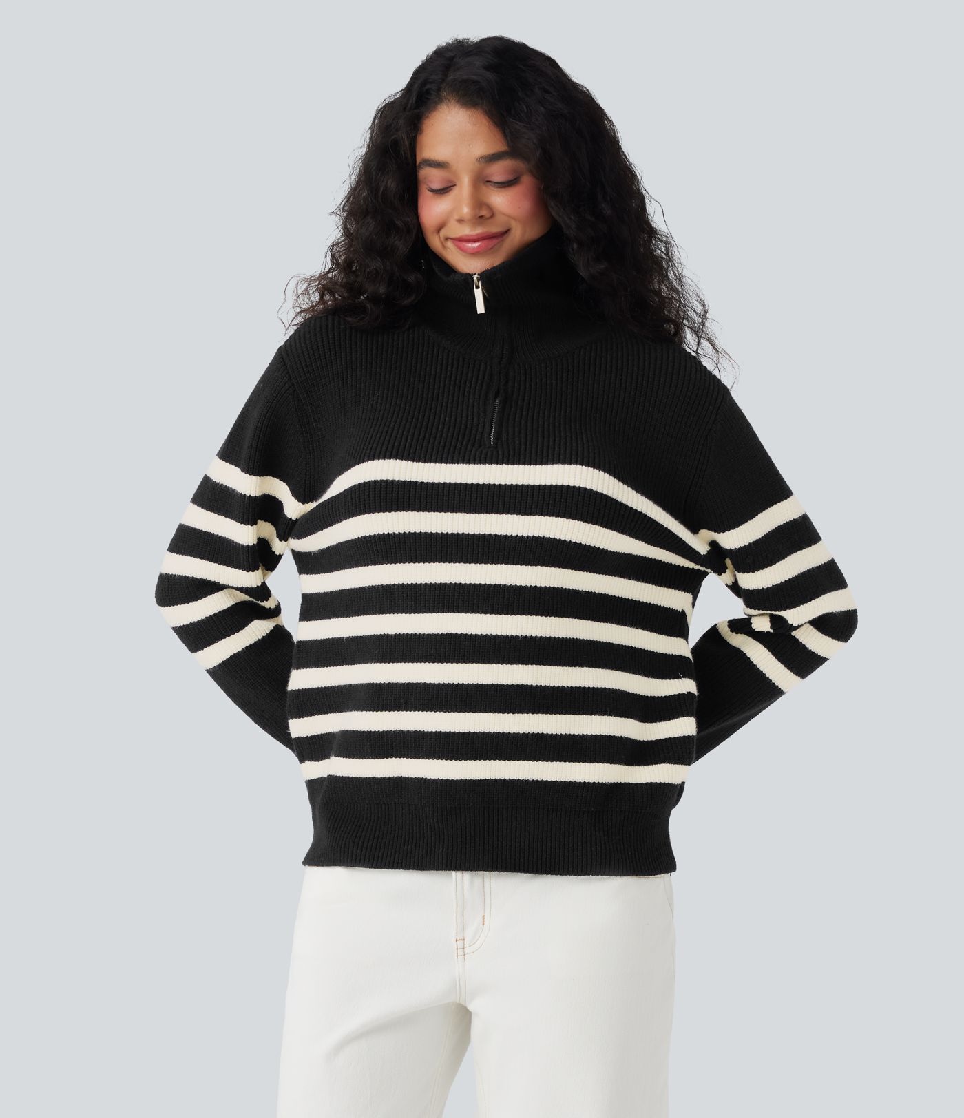 Half Zip Lapel Color Block Striped Casual Sweater