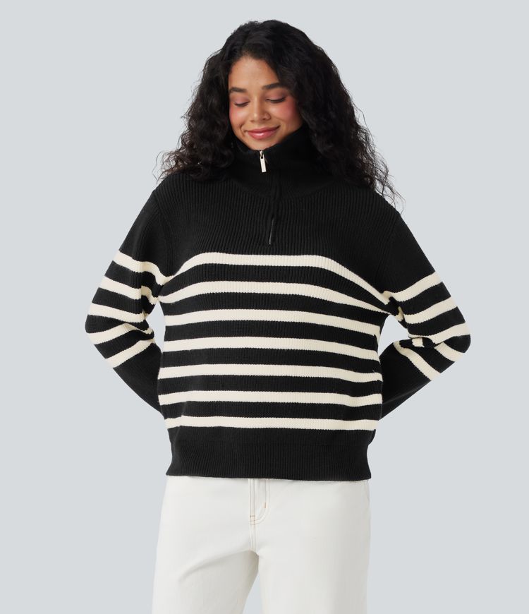 Half Zip Lapel Color Block Striped Casual Sweater