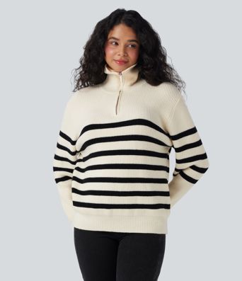 Pull décontracté color block rayé col revers demi-fermeture éclair