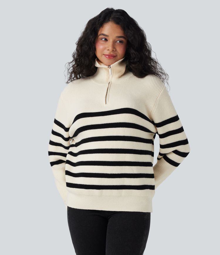 Pull décontracté color block rayé col revers demi-fermeture éclair